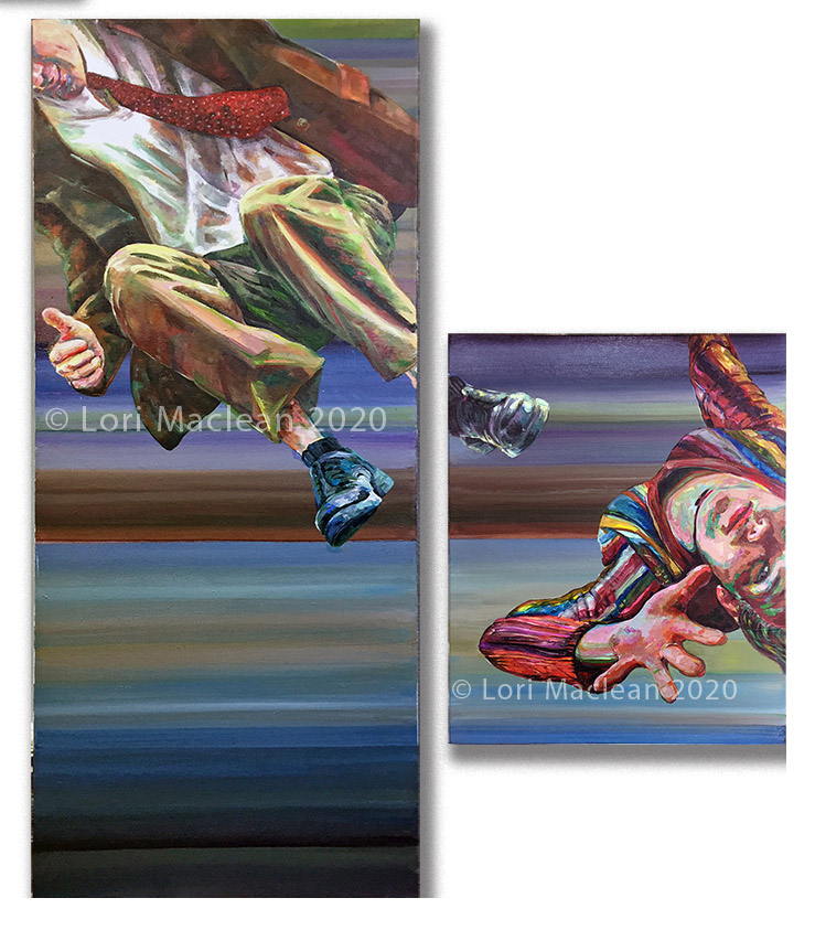 Acrylic on Canvas, fine art painting, couple, flying, realism, figurative, abstract, jumping, action, modern, cowboy, boots, detailed